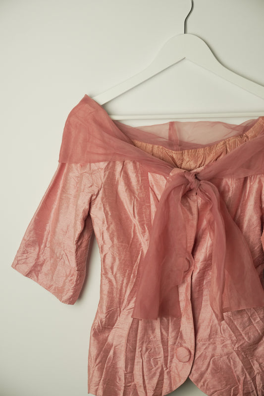 Vintage Pink Organza Boat Neck 3/4 Sleeve Button Down Blouse
