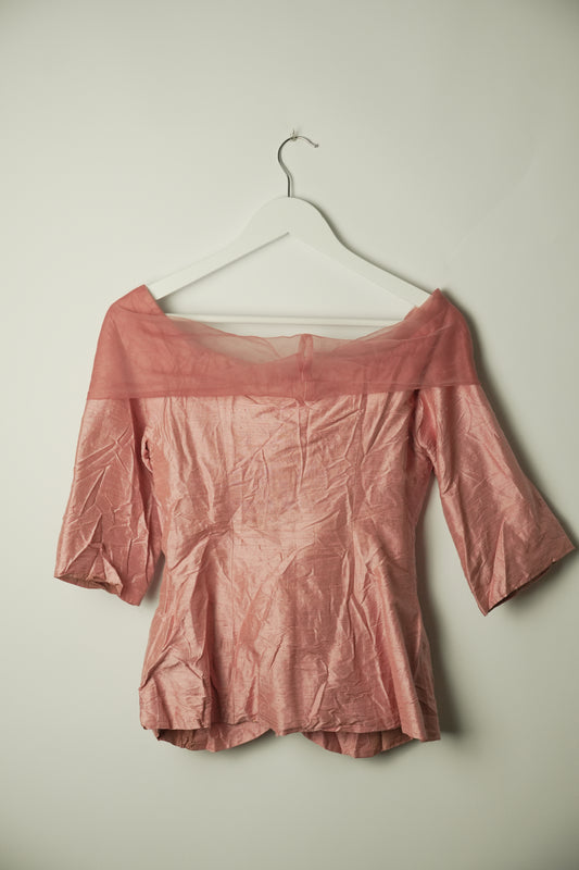 Vintage Pink Organza Boat Neck 3/4 Sleeve Button Down Blouse