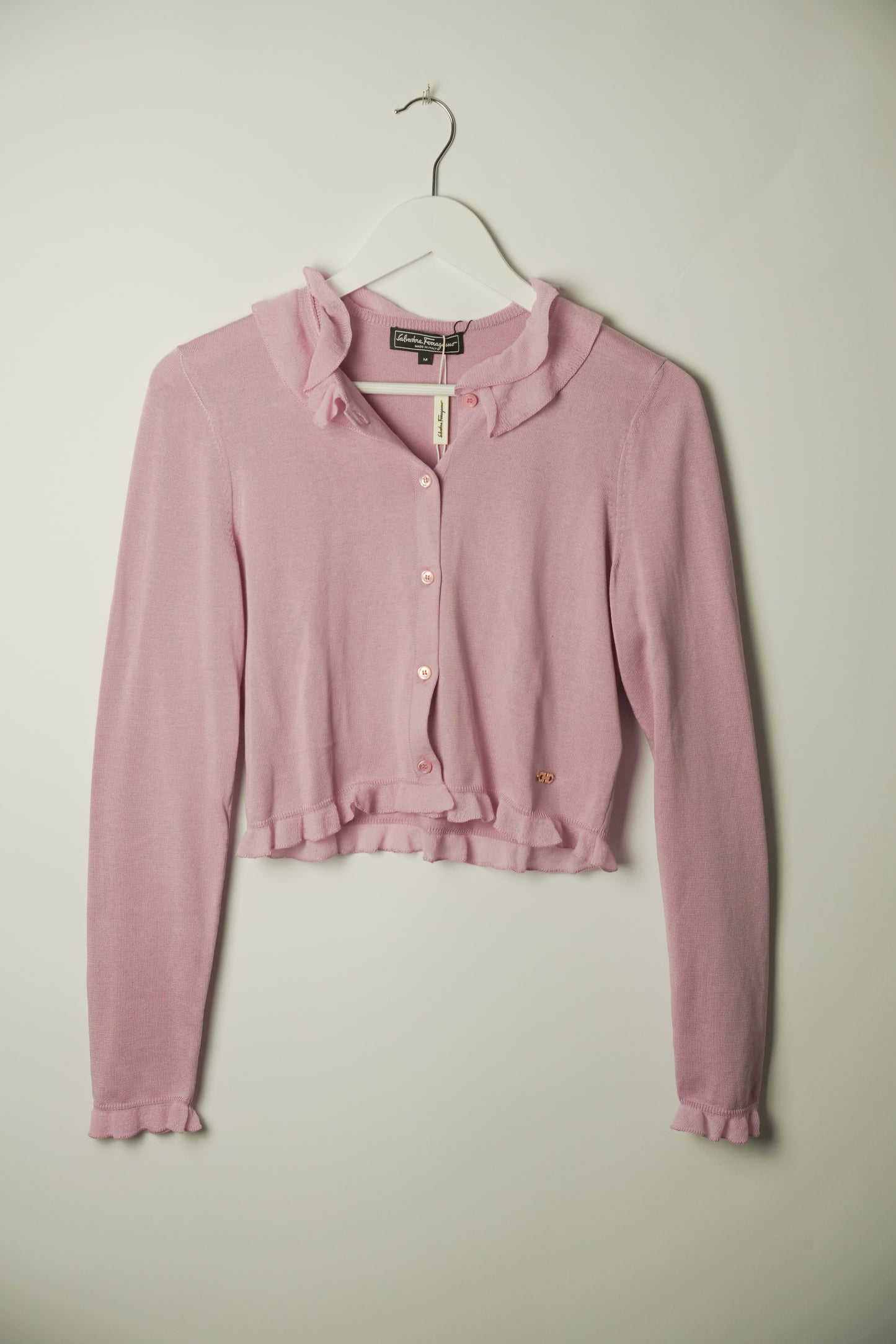 Salvatore Ferragamo Pink Frill Cashmere Crop Cardigan