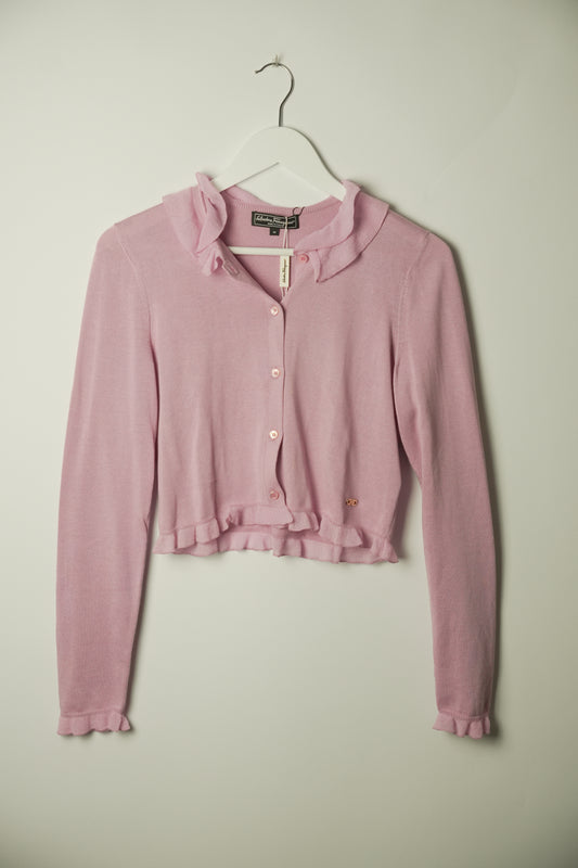Salvatore Ferragamo Pink Frill Cashmere Crop Cardigan