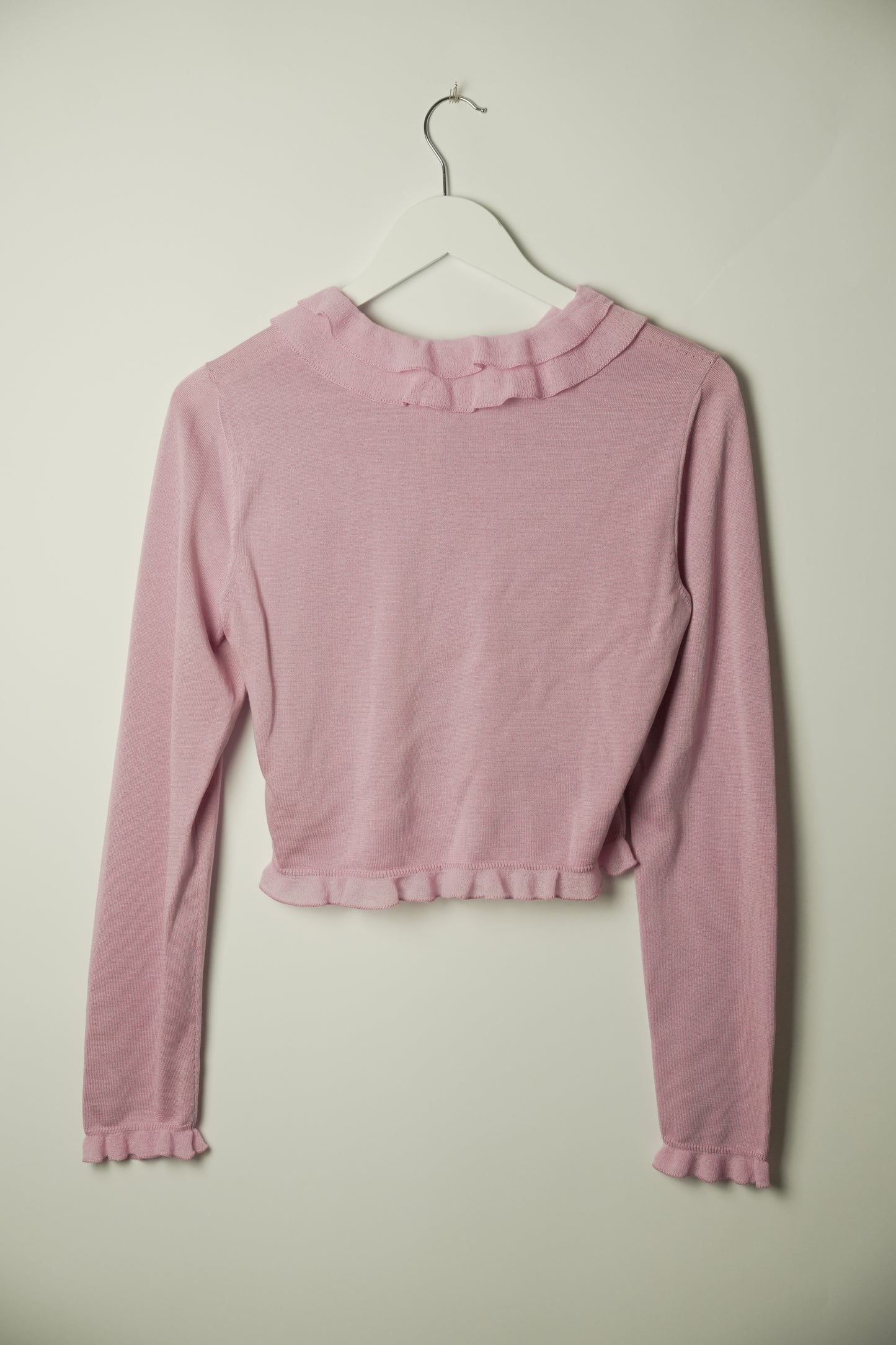 Salvatore Ferragamo Pink Frill Cashmere Crop Cardigan