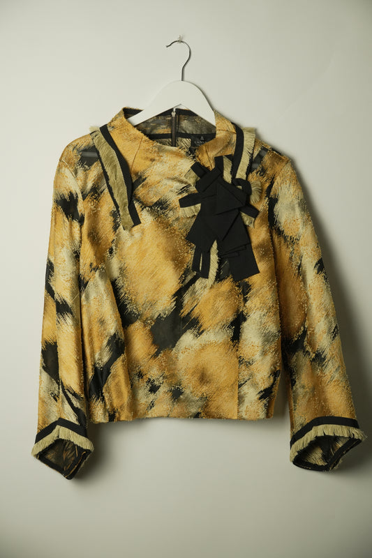 Lanvin Yellow Black High Neck Bell LS Abstract Print Blouse