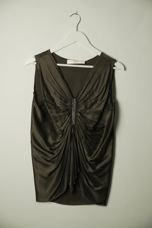 Lanvin Bronze Pleated V Neck Rhinestone Sless Blouse