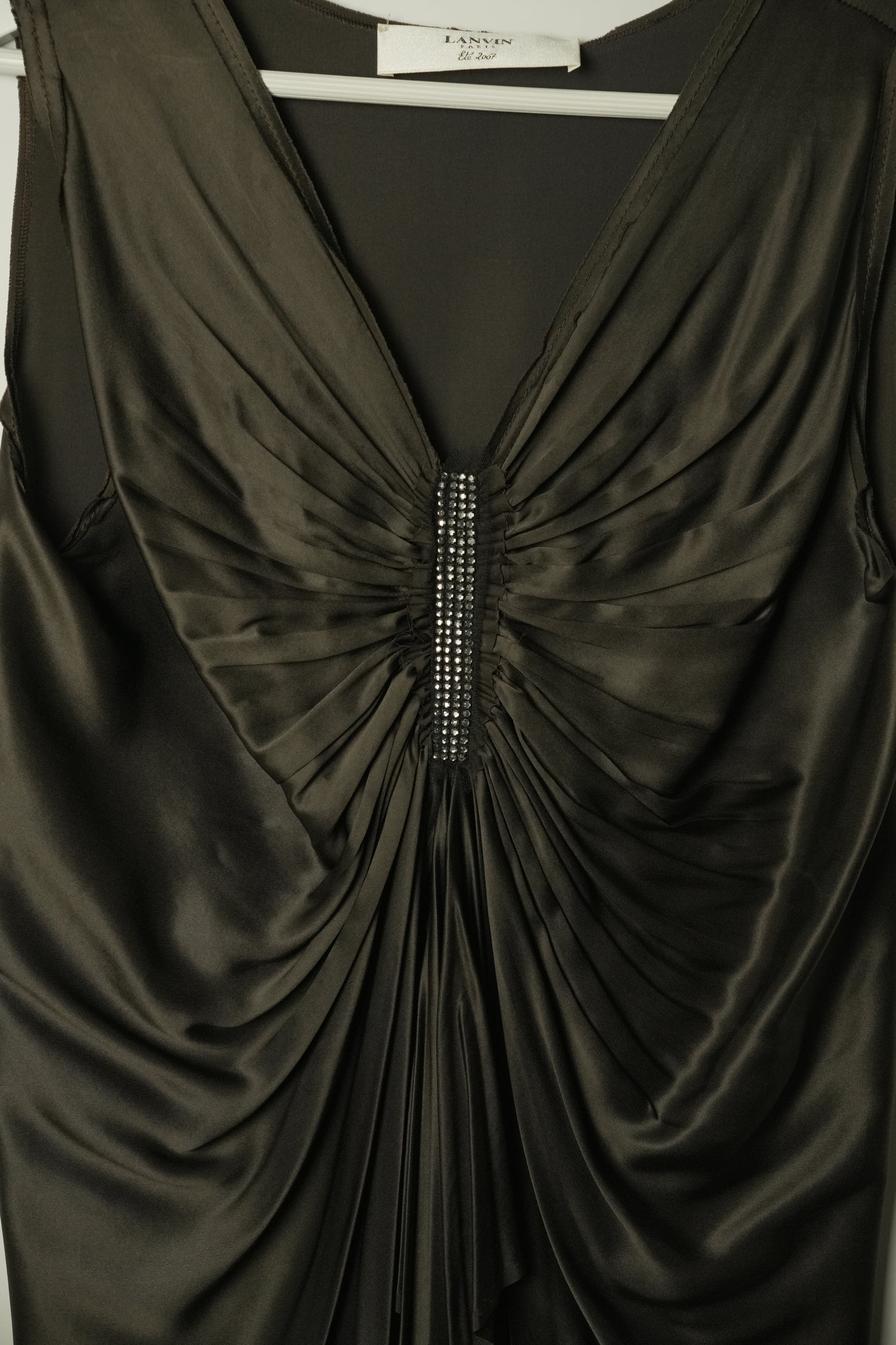 Lanvin Bronze Pleated V Neck Rhinestone Sless Blouse