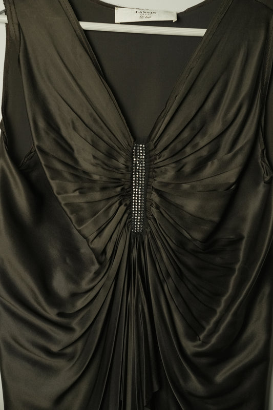 Lanvin Bronze Pleated V Neck Rhinestone Sless Blouse