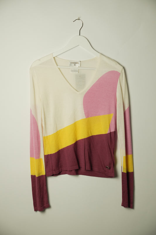 Chanel Colour Block Shape V Neck Knit Sweater
