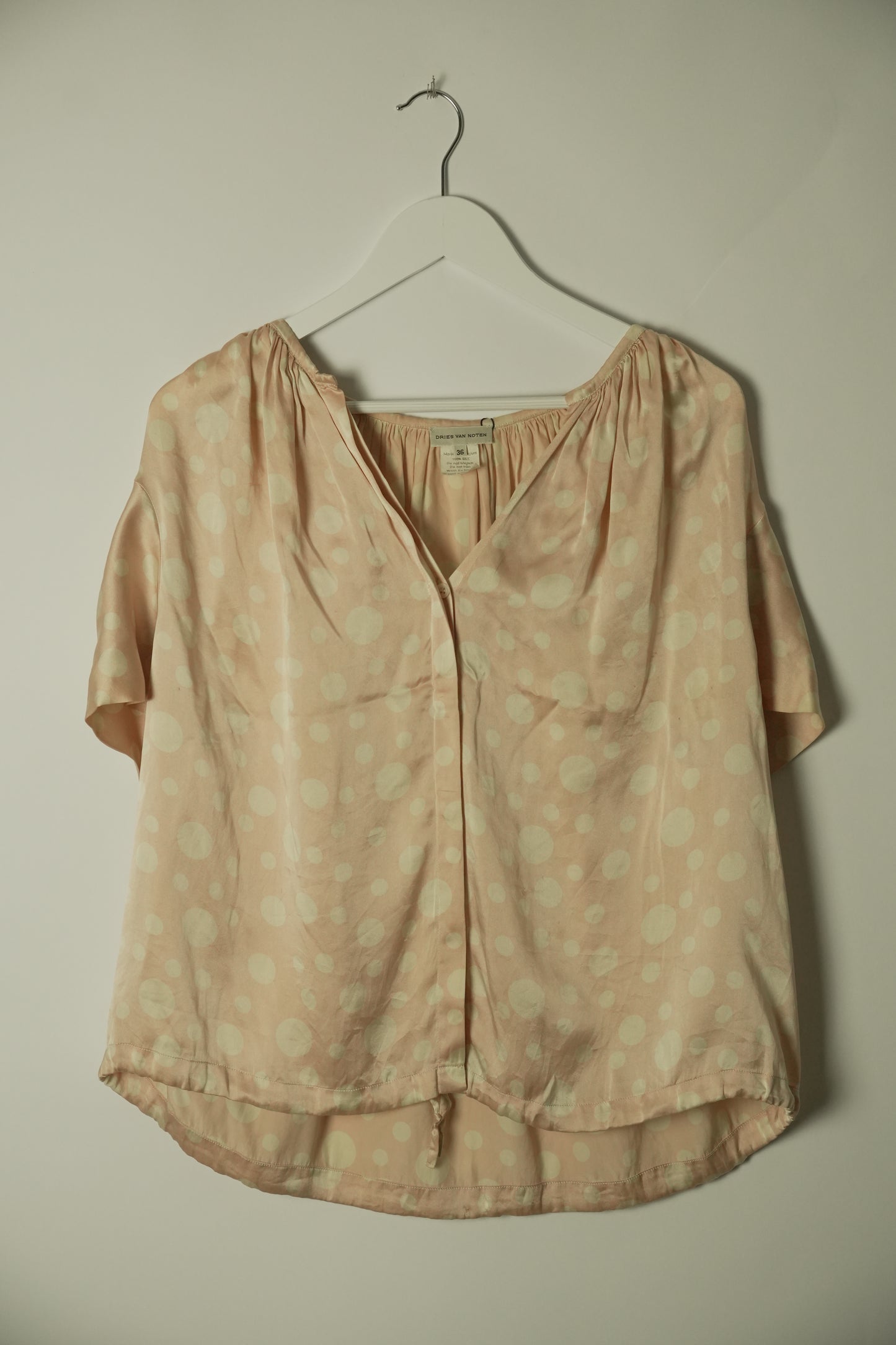 Dries Van Noten Silk Pink Polka Dot SS V Neck Blouse