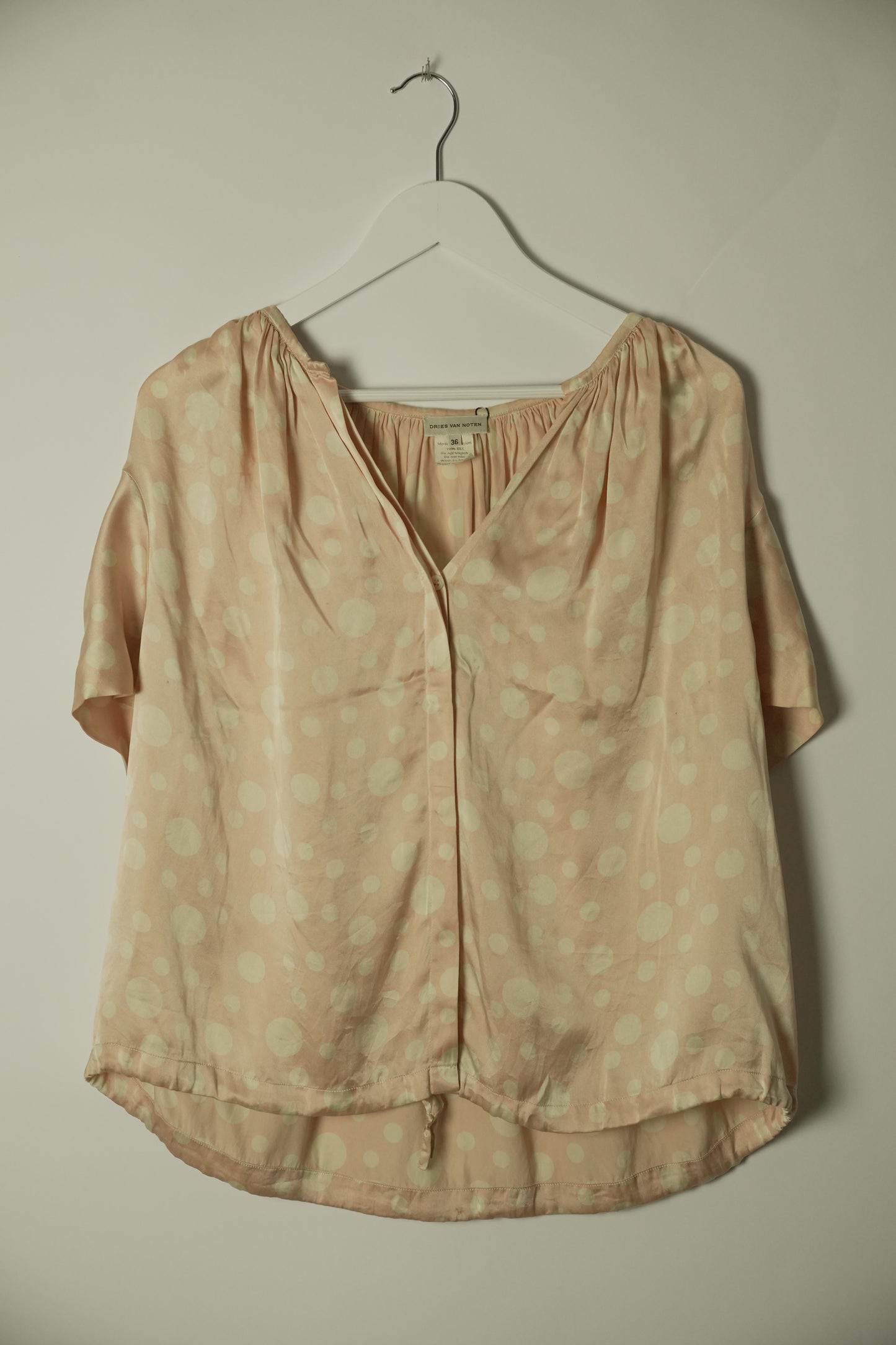 Dries Van Noten Silk Pink Polka Dot SS V Neck Blouse