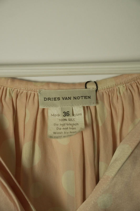 Dries Van Noten Silk Pink Polka Dot SS V Neck Blouse
