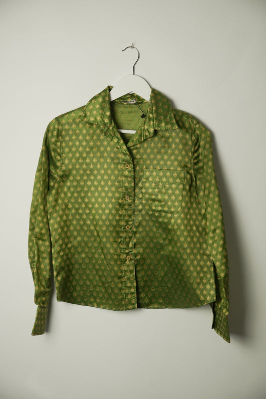 Miu Miu Gold Metallic Printed Sheen Blouse 2016