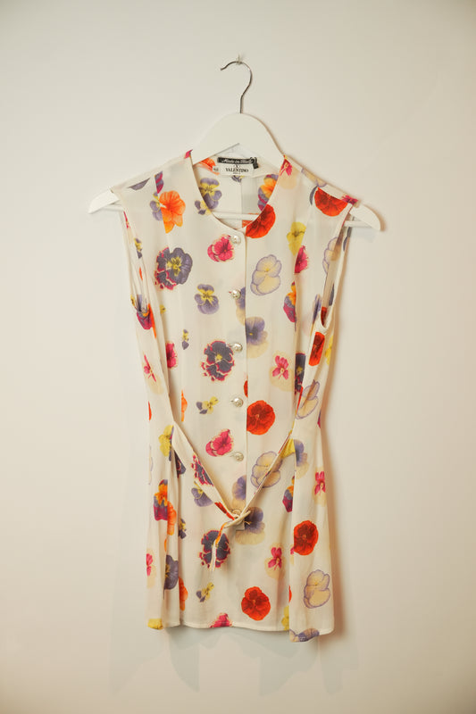 Valentino Floral Button Down Belted Sless Blouse