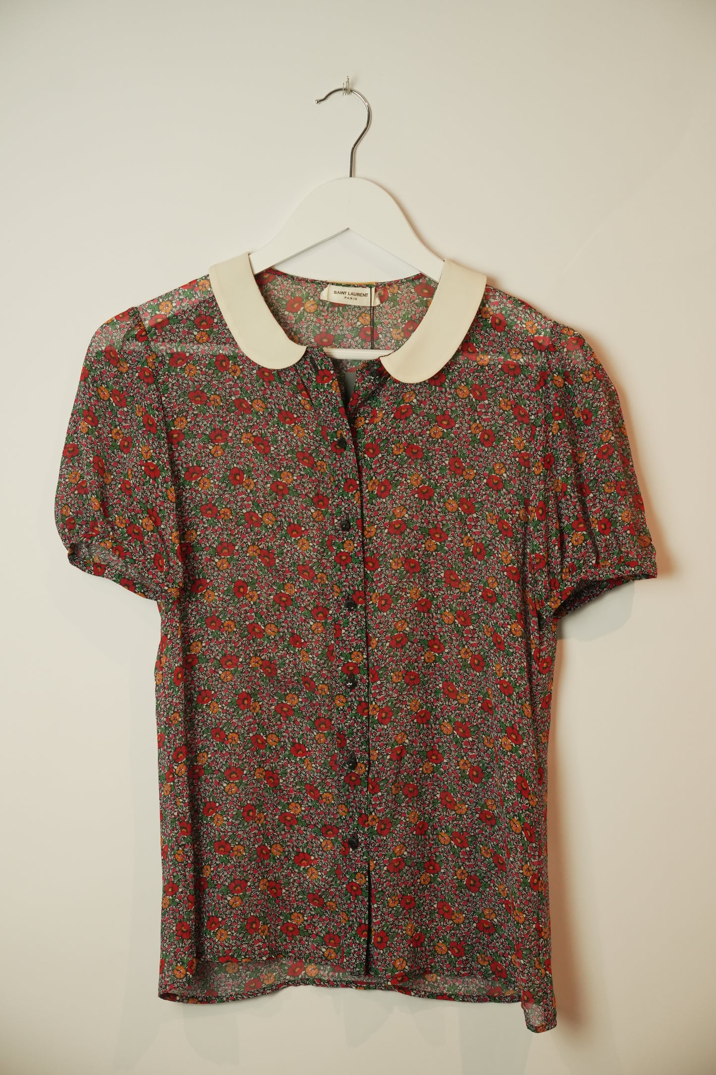 Saint Laurent Peter Pan Collar Sheer SS Floral Blouse