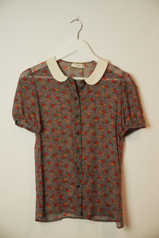 Saint Laurent Peter Pan Collar Sheer SS Floral Blouse