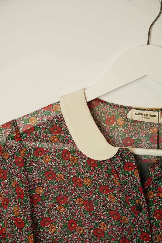 Saint Laurent Peter Pan Collar Sheer SS Floral Blouse