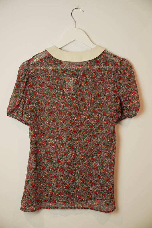 Saint Laurent Peter Pan Collar Sheer SS Floral Blouse