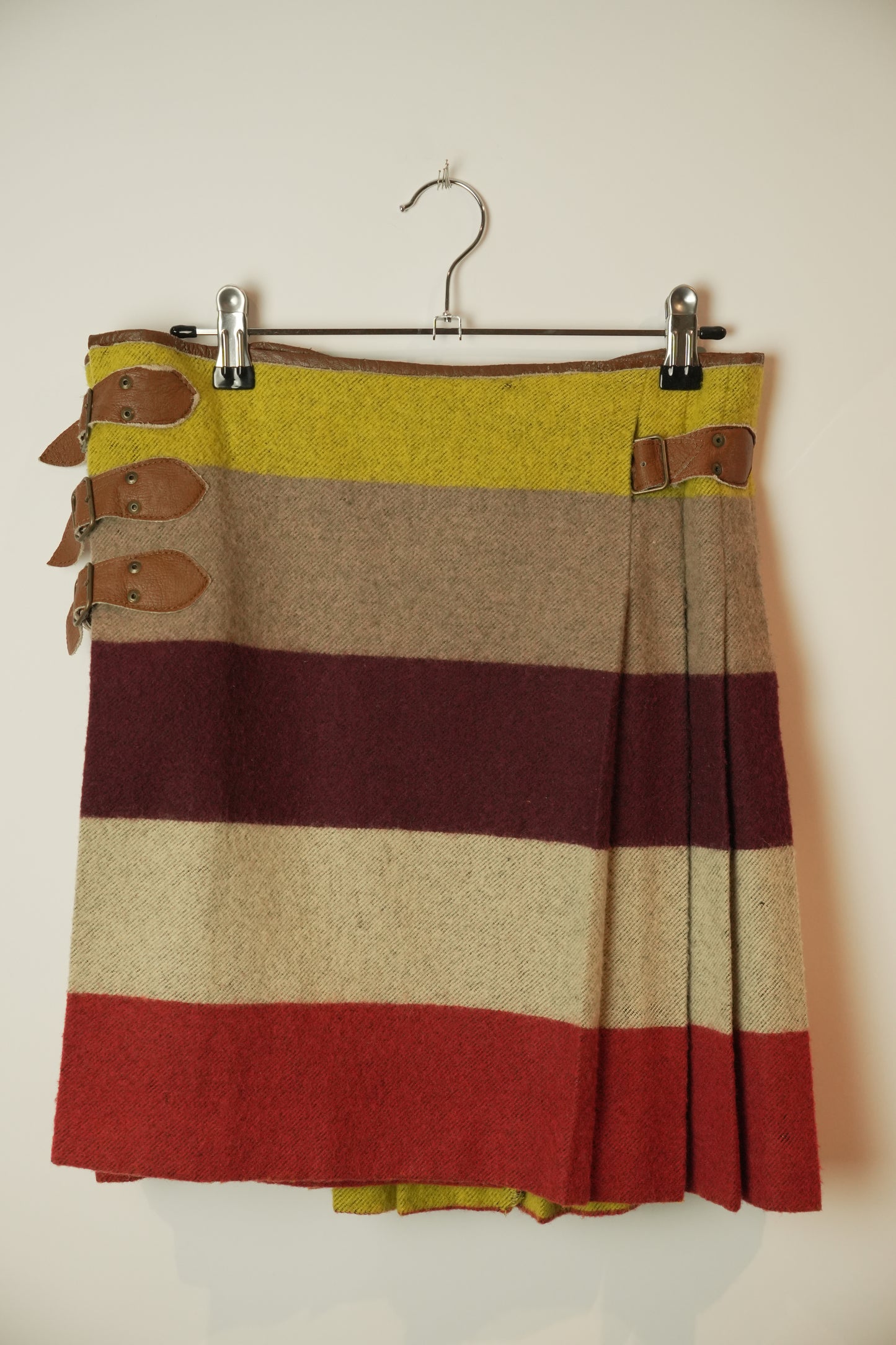 Jean Paul Gaultier Colour Block Wool Pleated Double Buckle Skirt