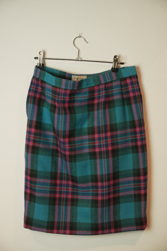 Yves Saint Laurent Plaid Blue Purple Pencil Skirt