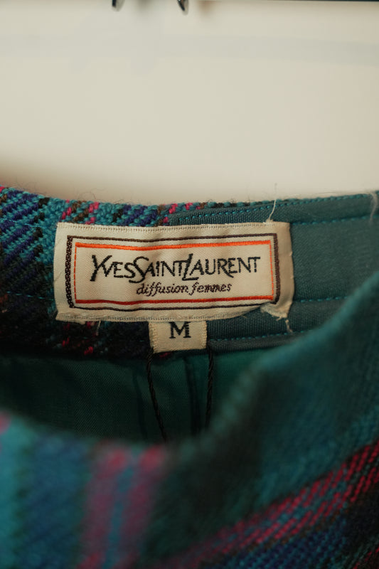 Yves Saint Laurent Plaid Blue Purple Pencil Skirt