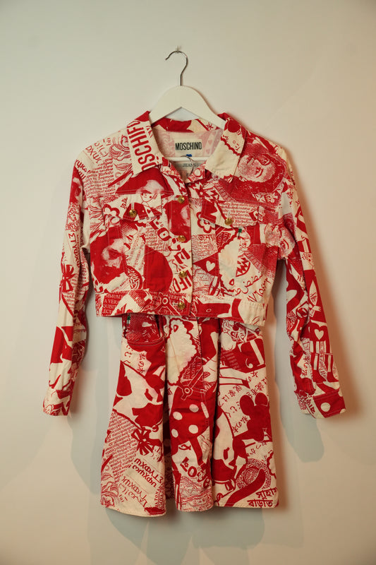 Moschino Jeans Red White Graffiti Collage Print Capri Jacket Set