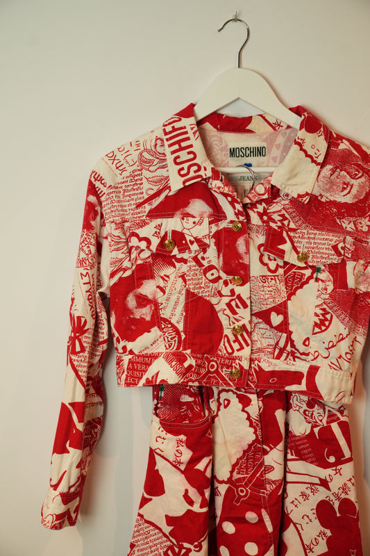 Moschino Jeans Red White Graffiti Collage Print Capri Jacket Set