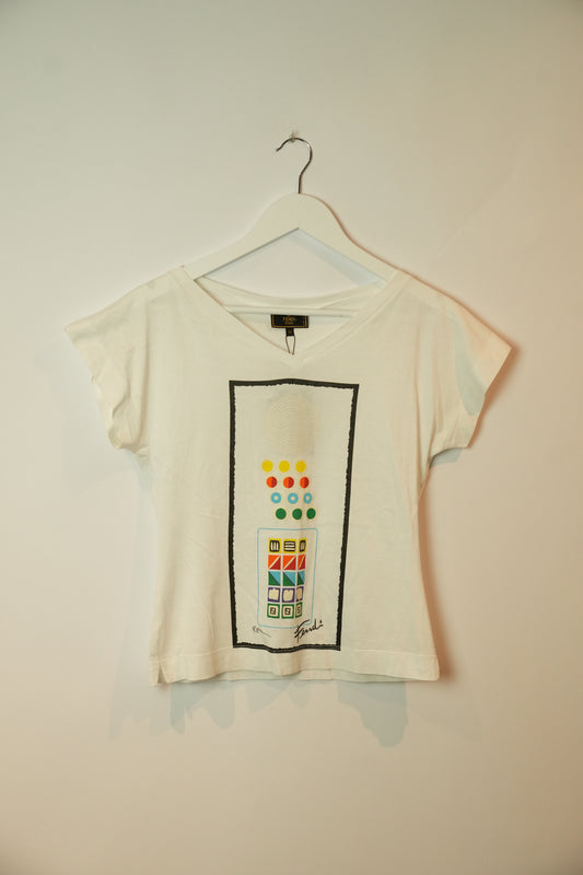 Fendi V Neck Geometric Print T Shirt