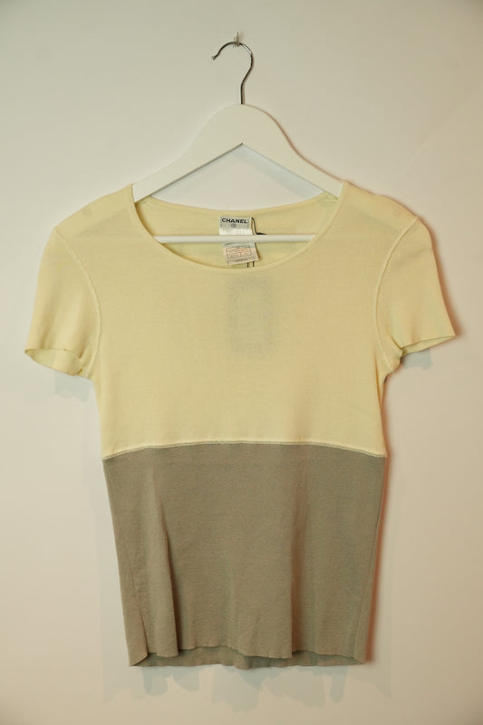 Chanel Knit Logo Two Tone White Grey Tee