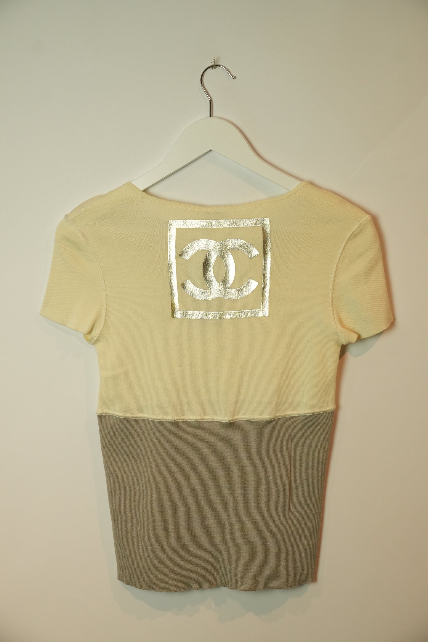 Chanel Knit Logo Two Tone White Grey Tee