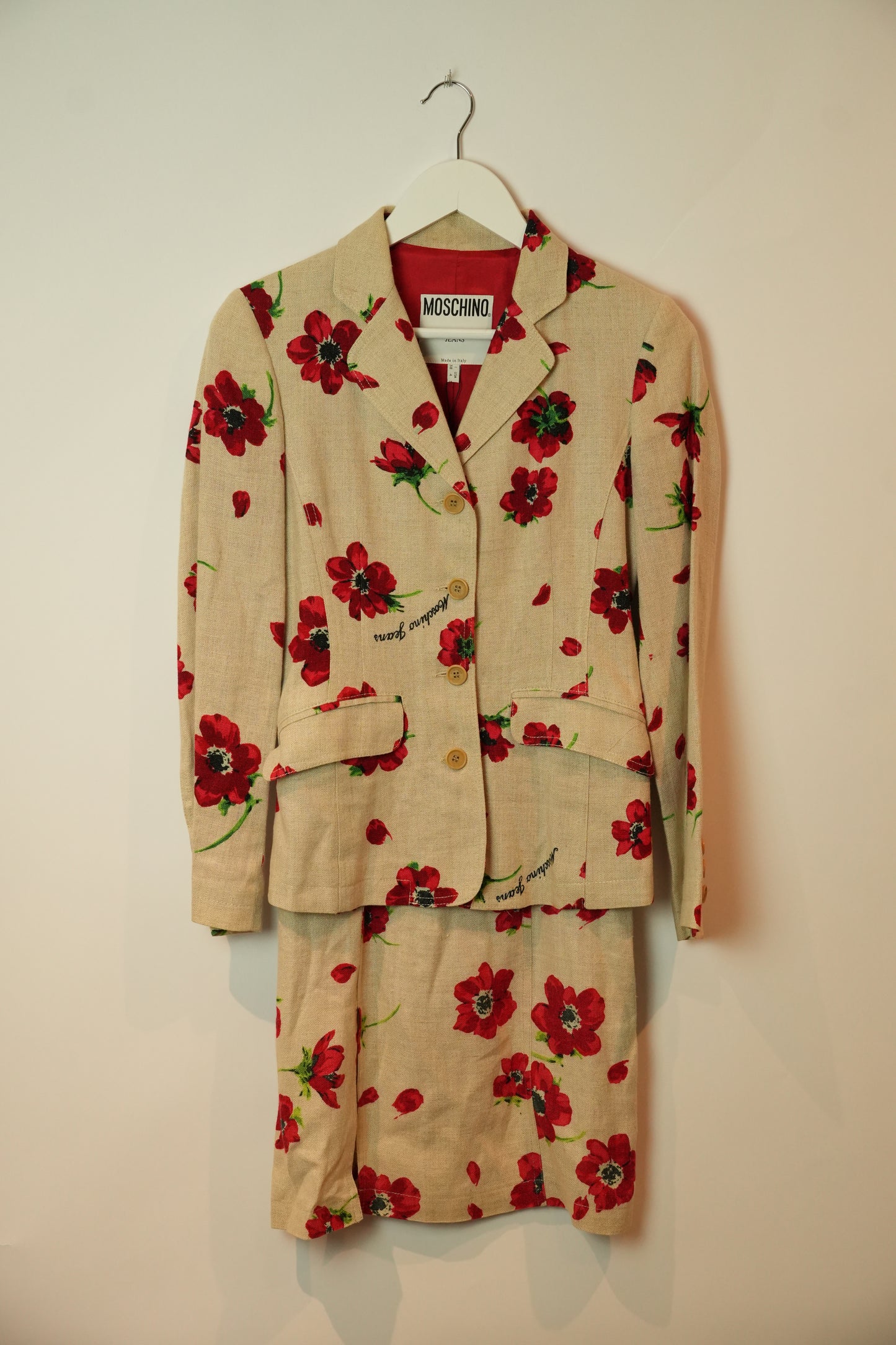 Moschino Linen Blend Poppy Floral Print Dress Blazer Set