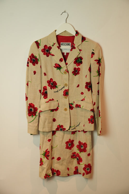 Moschino Linen Blend Poppy Floral Print Dress Blazer Set