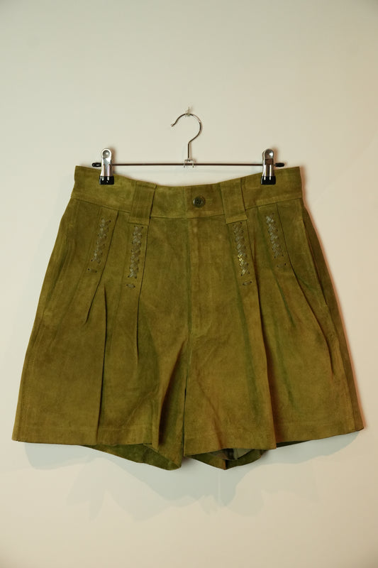 Issey Miyake Sport Khaki Suede Shorts w Leather Braided Pocket Detail