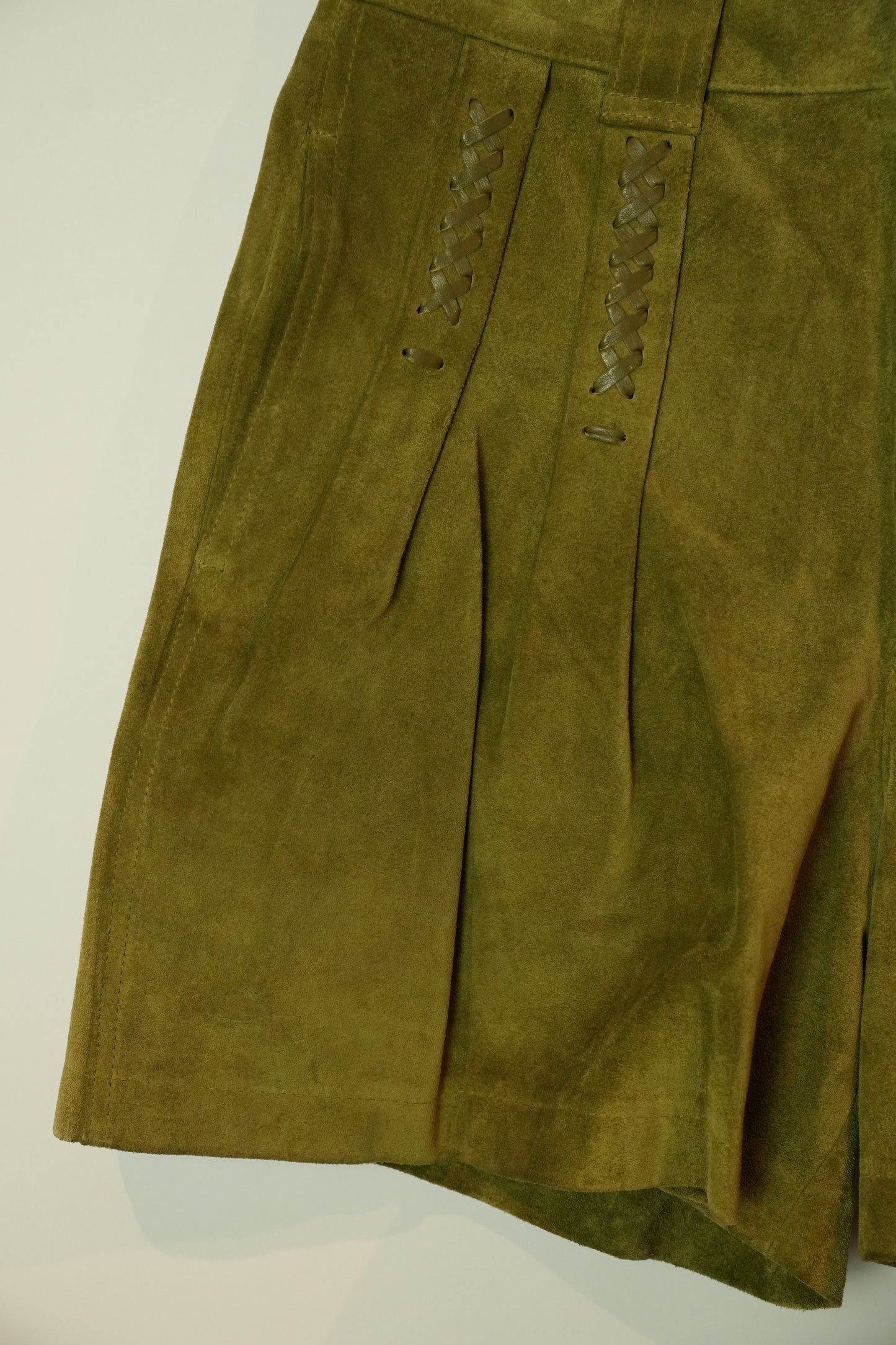 Issey Miyake Sport Khaki Suede Shorts w Leather Braided Pocket Detail