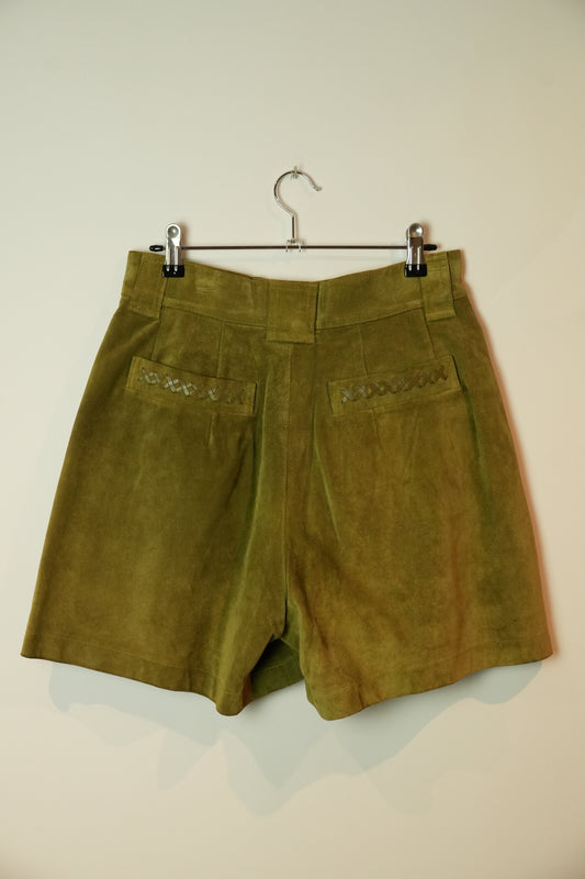 Issey Miyake Sport Khaki Suede Shorts w Leather Braided Pocket Detail