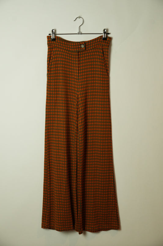 Vintage Checkered Orange Green Tile Flare High Waist Pants