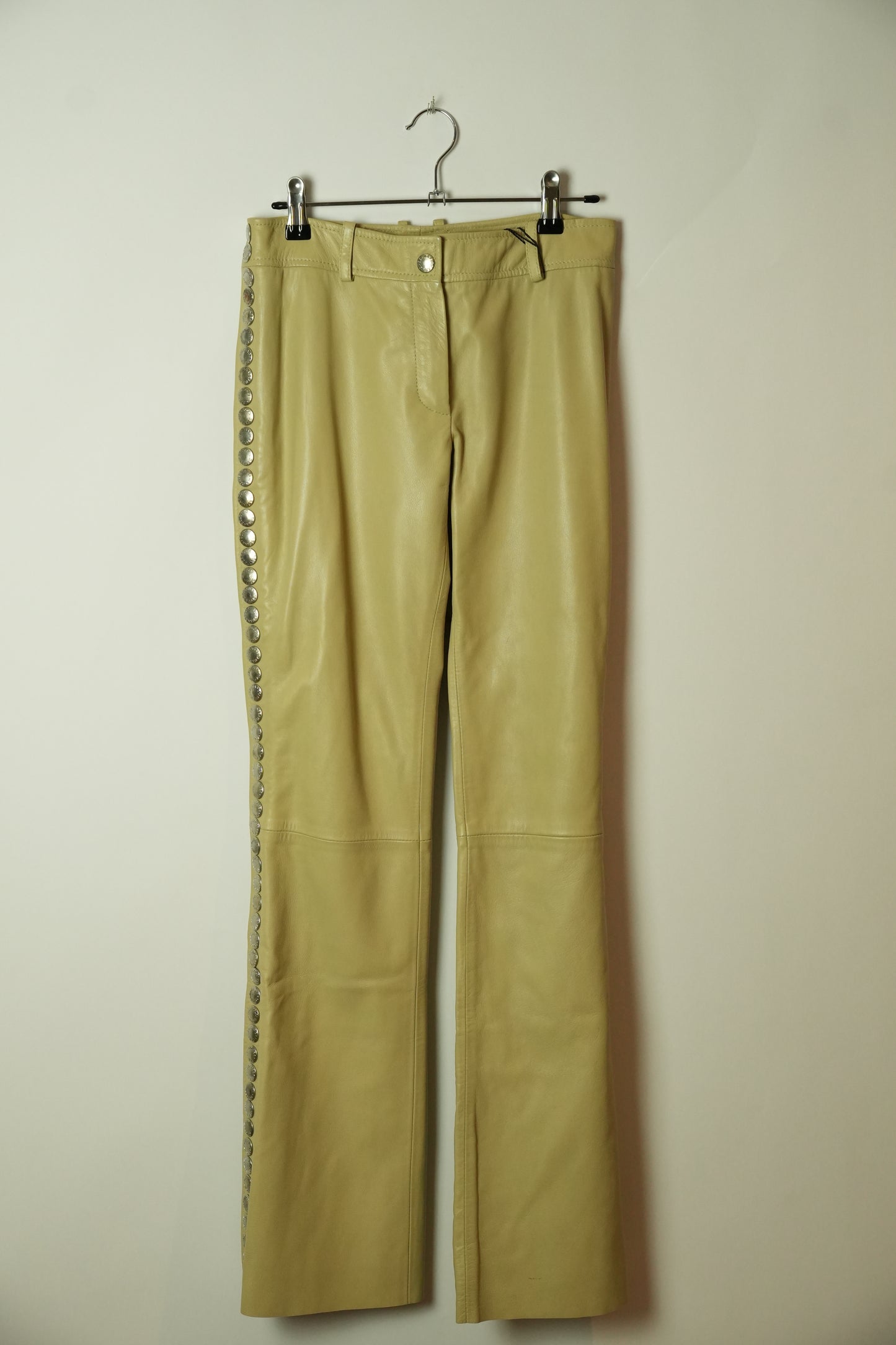 Dolce & Gabbana Leather Beige Flare Pants w Studded Side Panel BNWT