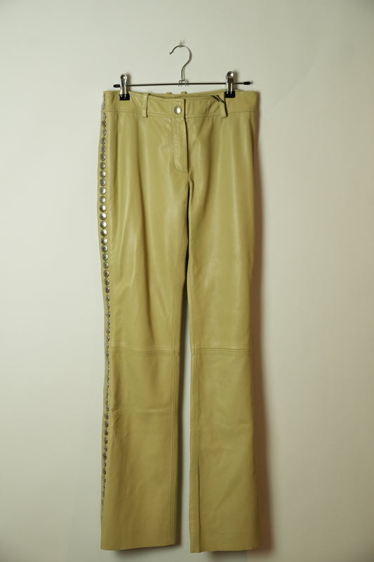 Dolce & Gabbana Leather Beige Flare Pants w Studded Side Panel BNWT