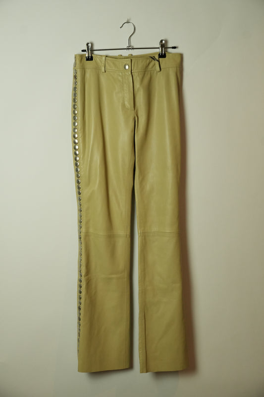 Dolce & Gabbana Leather Beige Flare Pants w Studded Side Panel BNWT