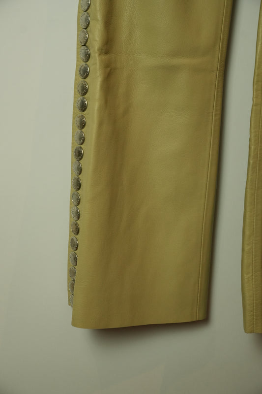 Dolce & Gabbana Leather Beige Flare Pants w Studded Side Panel BNWT