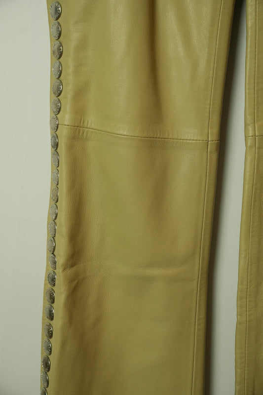 Dolce & Gabbana Leather Beige Flare Pants w Studded Side Panel BNWT