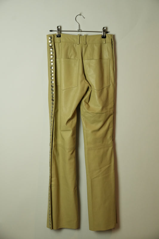 Dolce & Gabbana Leather Beige Flare Pants w Studded Side Panel BNWT