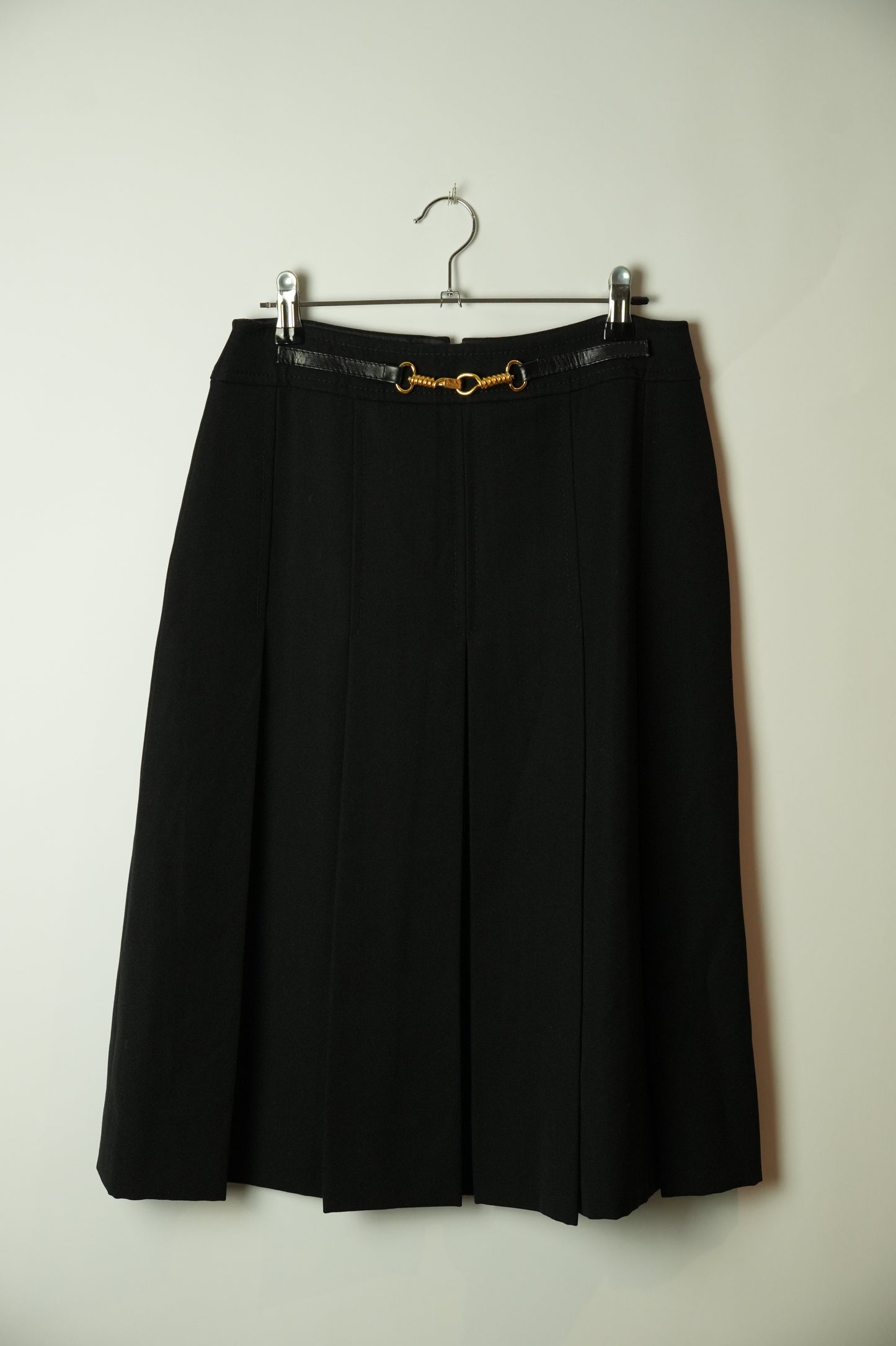 Celine Black Wool Pleated Gold Chain Midi Skirt