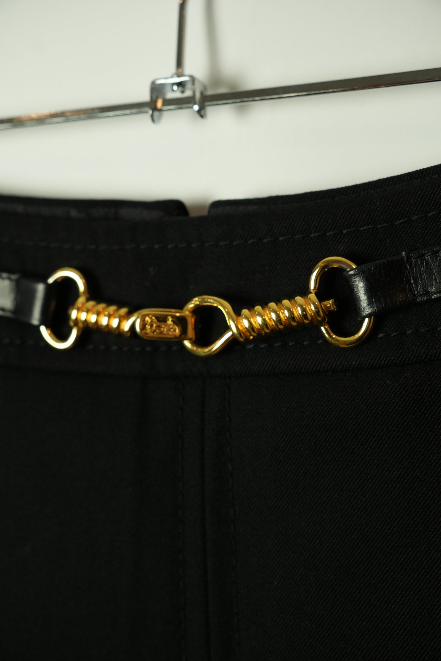 Celine Black Wool Pleated Gold Chain Midi Skirt