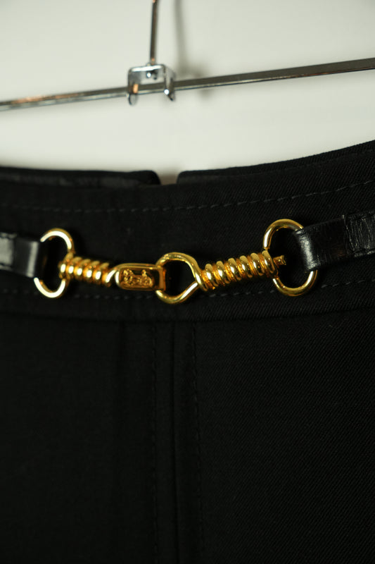 Celine Black Wool Pleated Gold Chain Midi Skirt