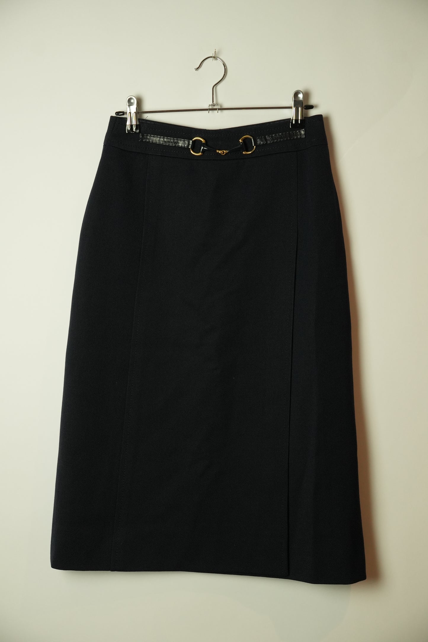 Celine Navy Buckle Wool Midi Skirt