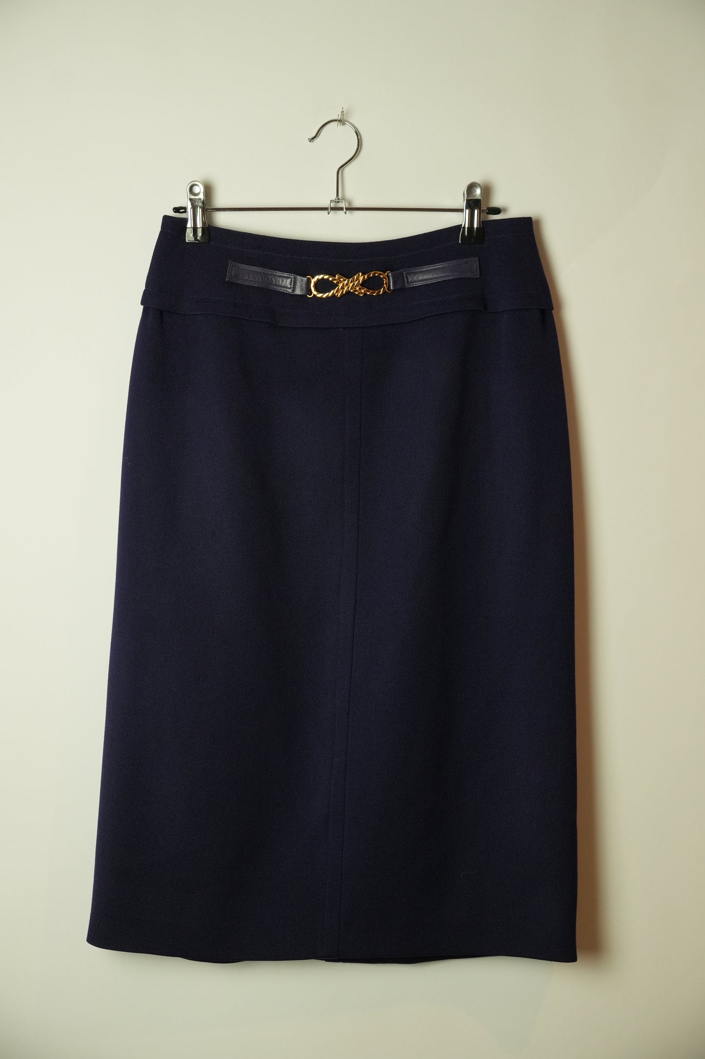 Celine Navy Pencil Skirt W Gold Buckle & Leather Detailing