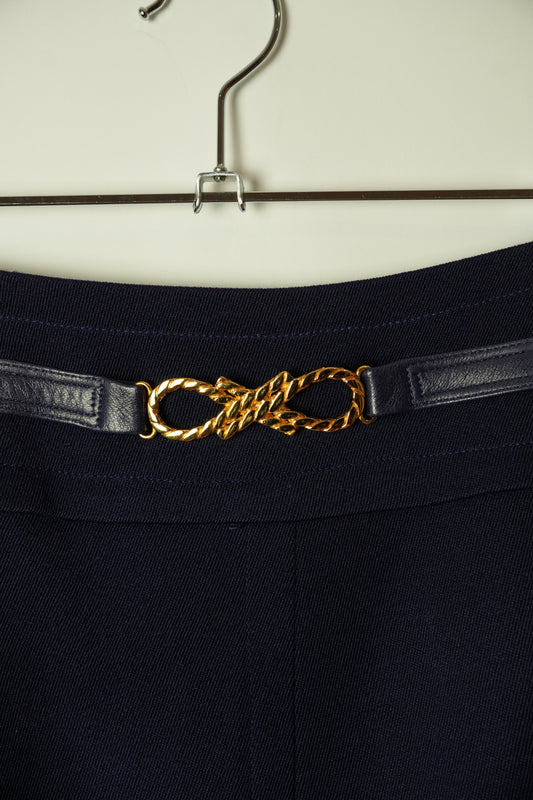Celine Navy Pencil Skirt W Gold Buckle & Leather Detailing