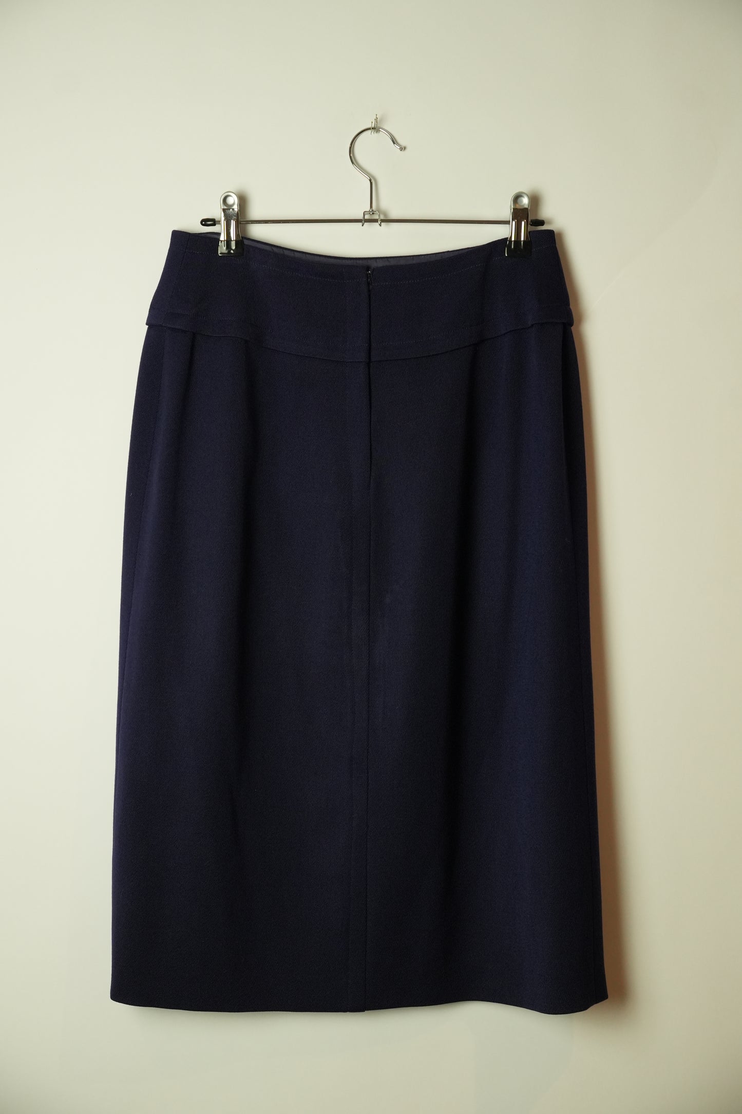 Celine Navy Pencil Skirt W Gold Buckle & Leather Detailing