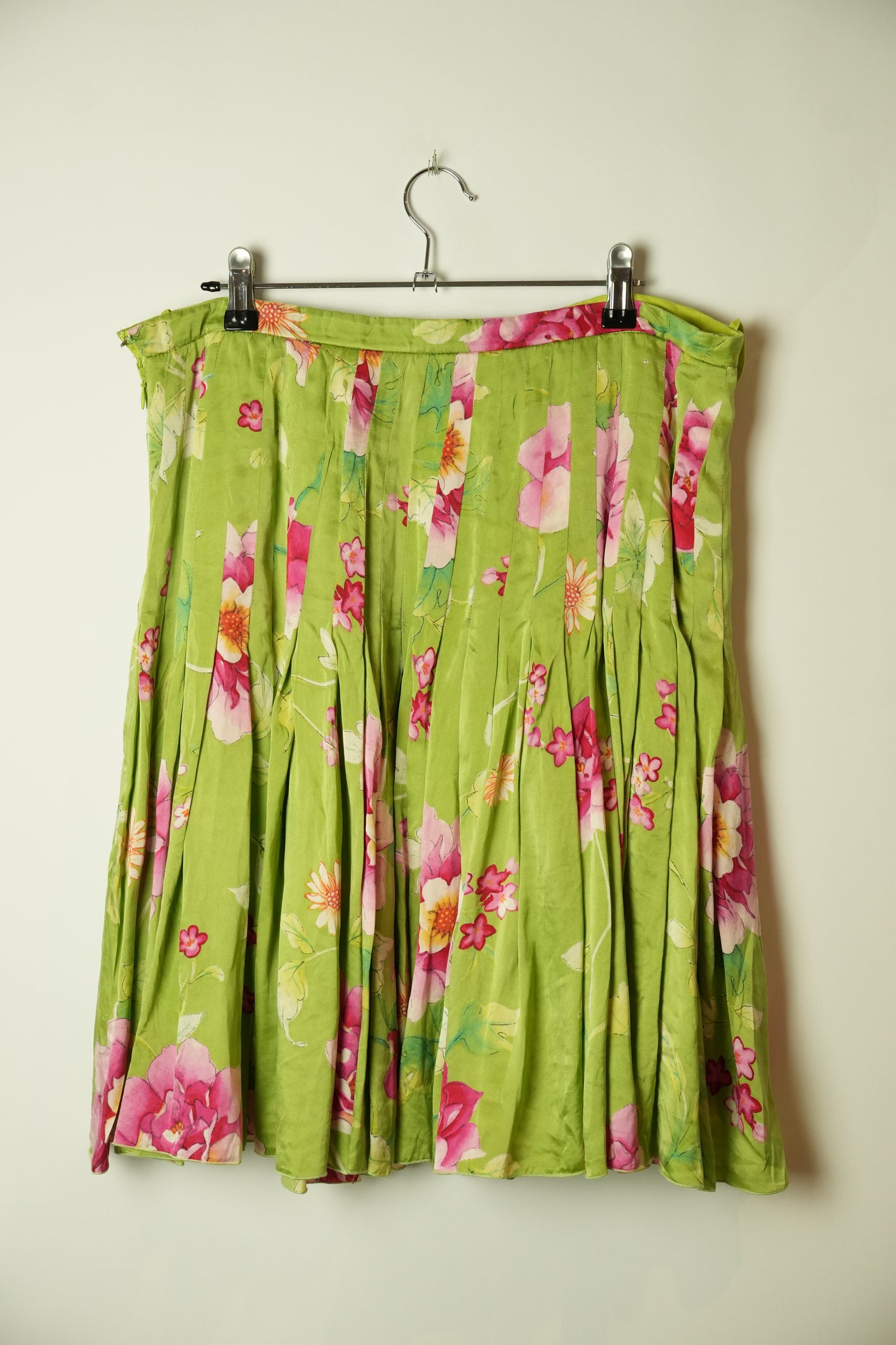 Valentino Silk Floral Pleated Green Midi Skirt