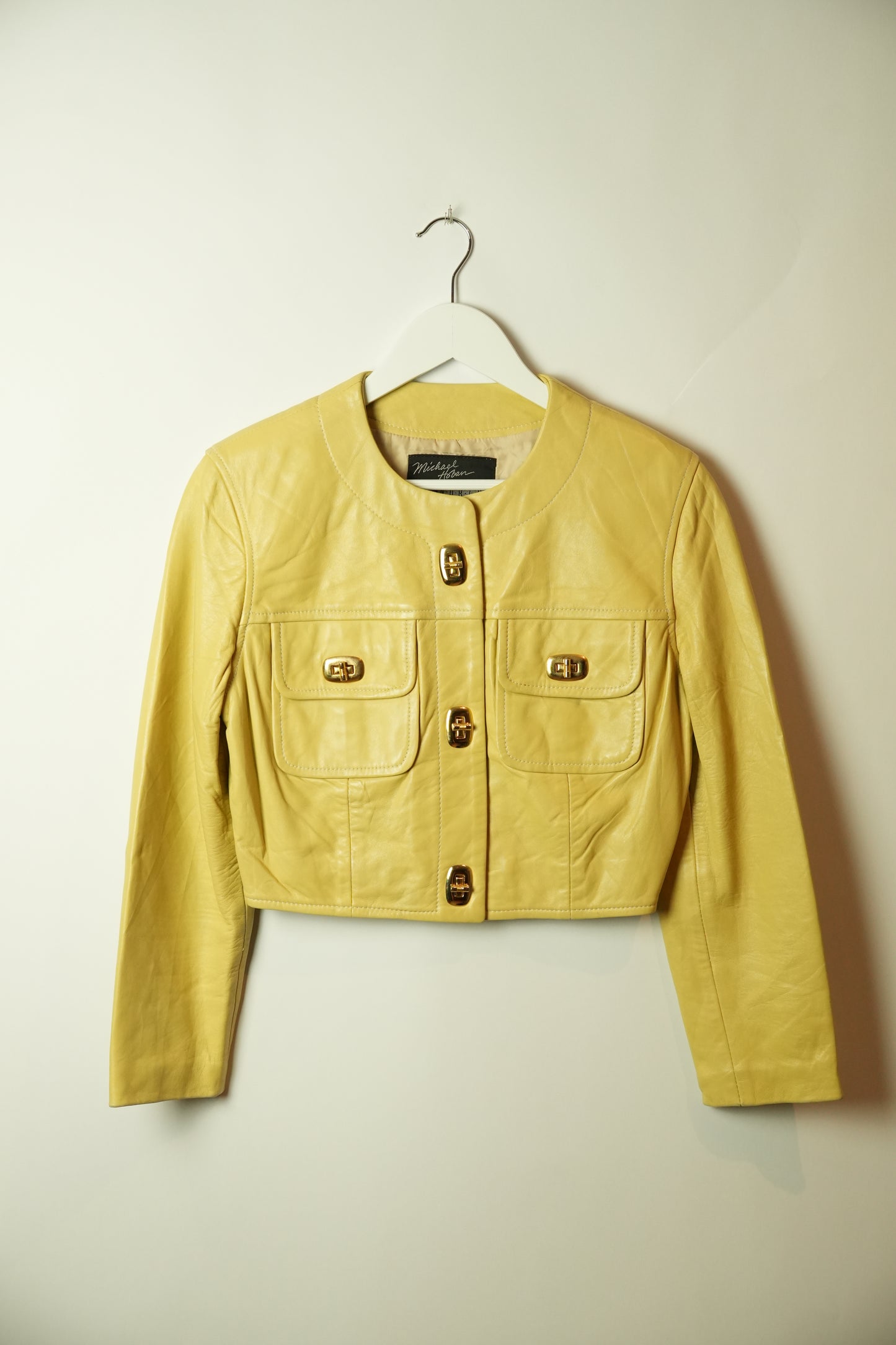 Michael Hoban Buttercream Yellow Leather Collarless CLasp Pocket Cropped Jacket