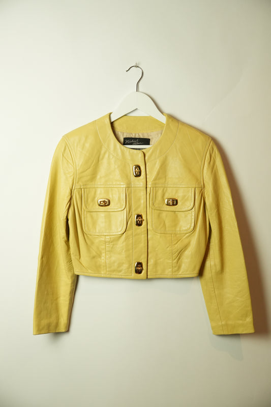 Michael Hoban Buttercream Yellow Leather Collarless CLasp Pocket Cropped Jacket