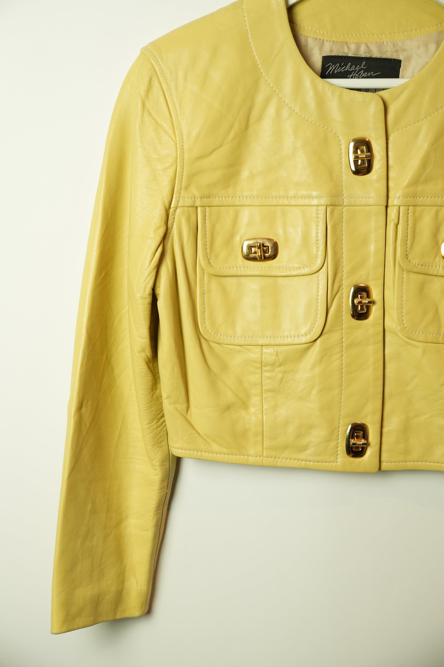Michael Hoban Buttercream Yellow Leather Collarless CLasp Pocket Cropped Jacket
